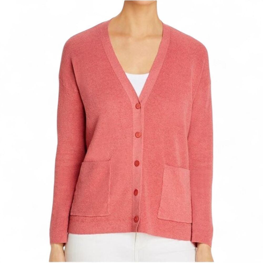 Eileen Fisher Pink Organic Linen Crepe Stretch Boyfriend Cardigan XL
